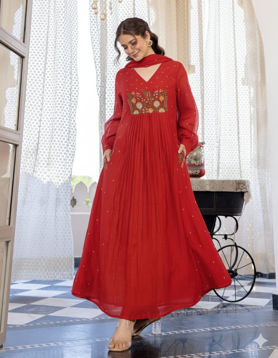 Classy Pure Cotton Red Embroidered Anarkali Set