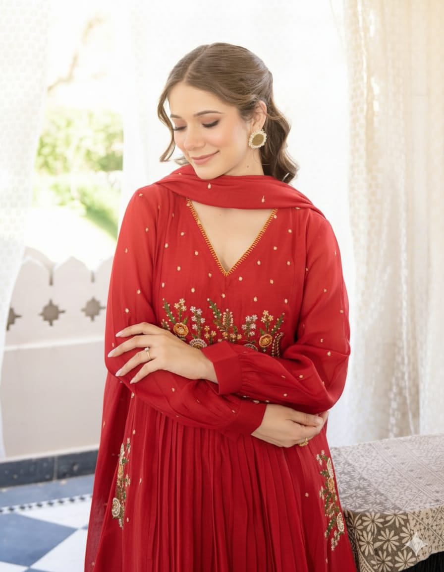 Classy Pure Cotton Red Embroidered Anarkali Set