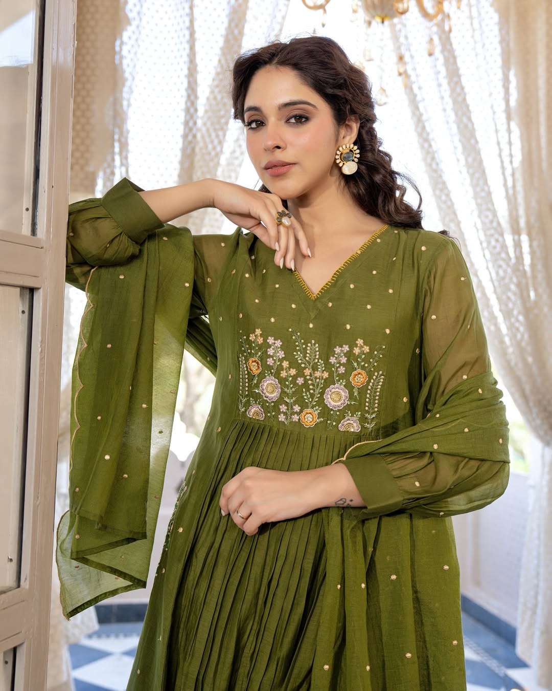 Classy Pure Cotton Green Embroidered Anarkali Set