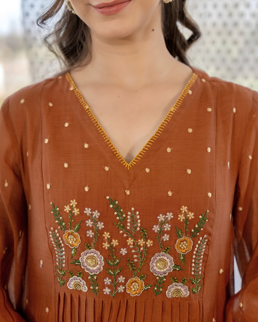 Classy Pure Cotton Brown Embroidered Anarkali Set