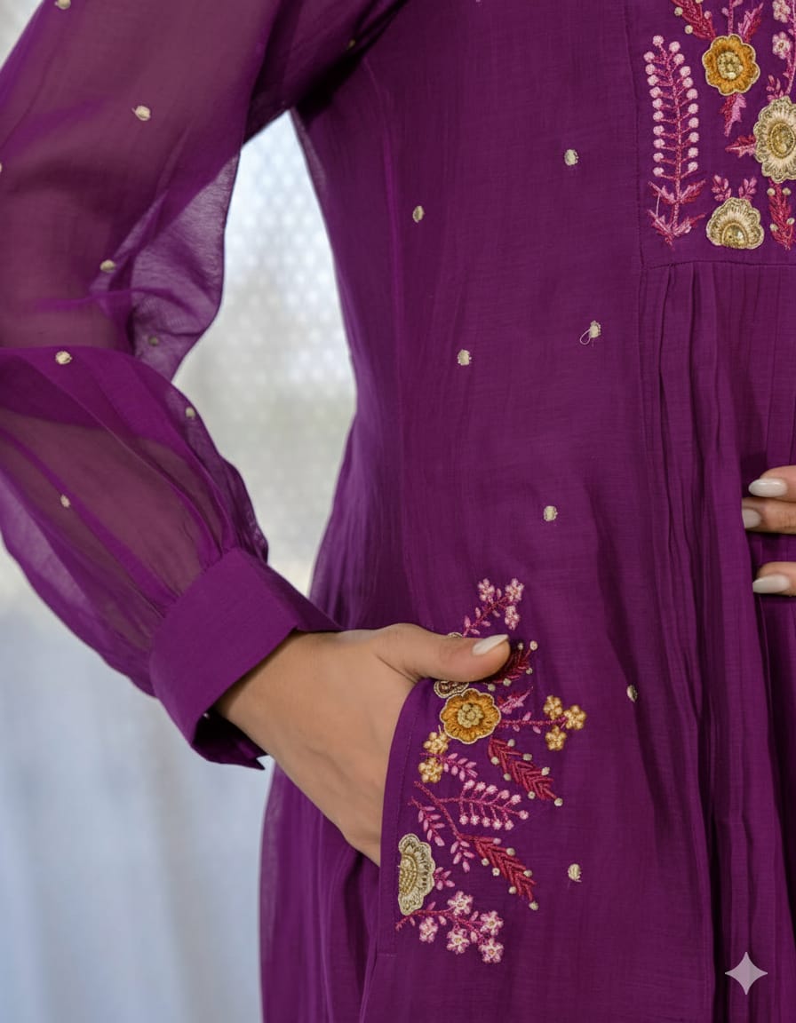 Classy Pure Cotton Purple Embroidered Anarkali Set