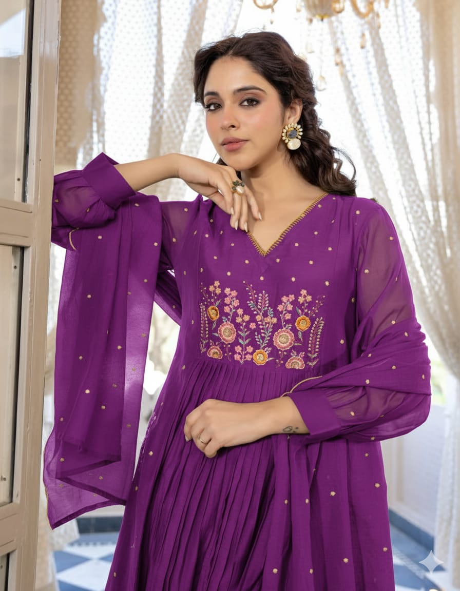Classy Pure Cotton Purple Embroidered Anarkali Set