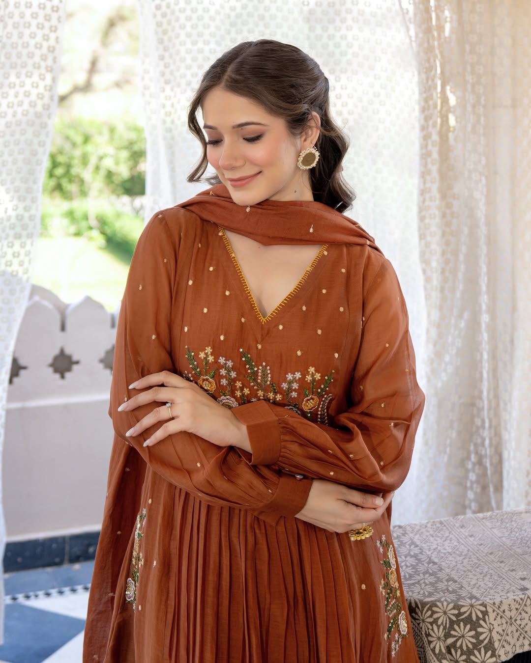 Classy Pure Cotton Brown Embroidered Anarkali Set