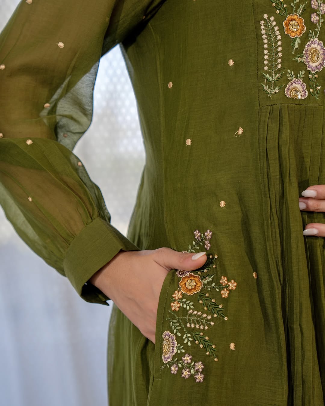 Classy Pure Cotton Green Embroidered Anarkali Set