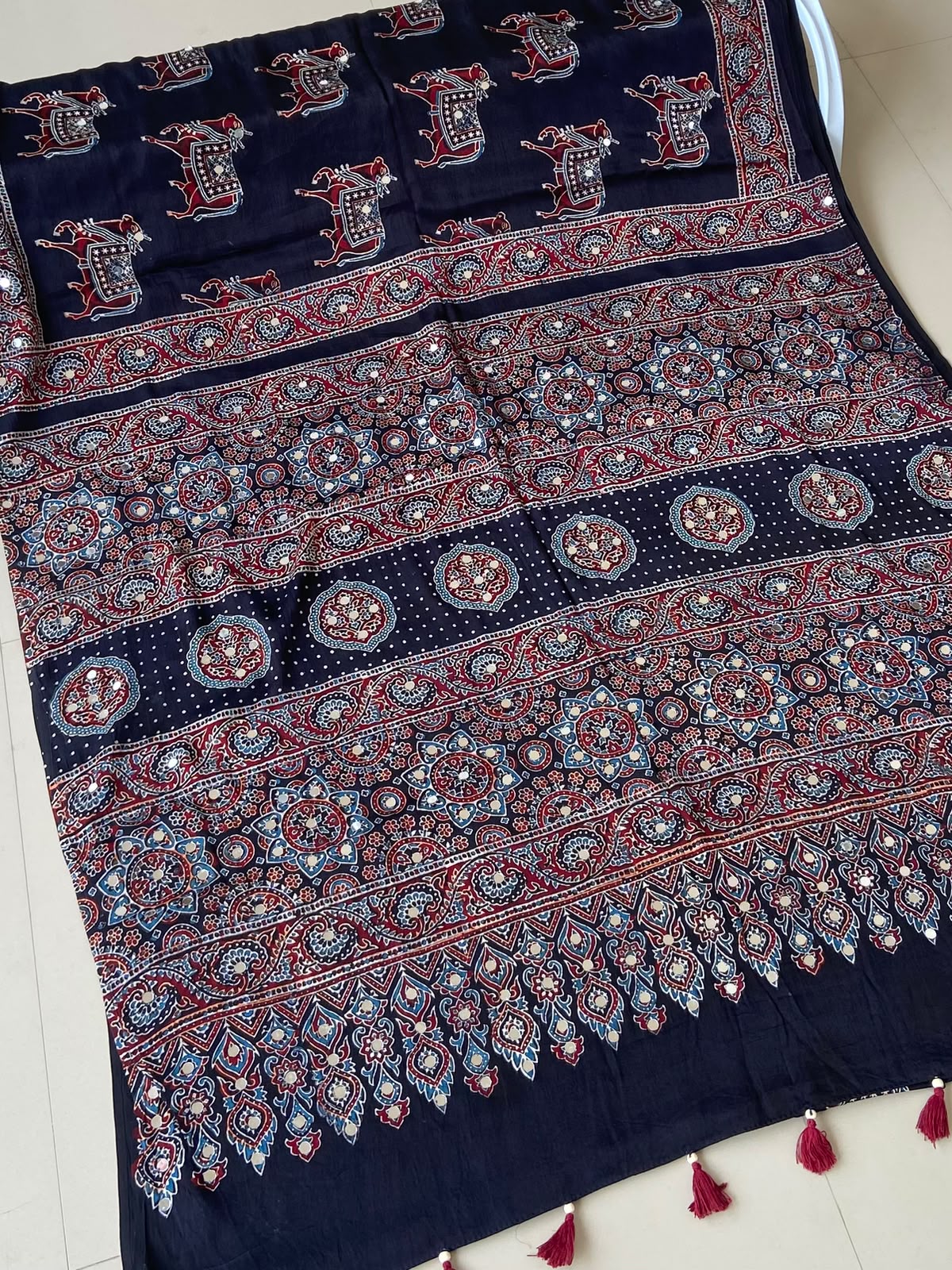 Premium Navy Ajrakh Handblock Printed Modhal Silk Saree