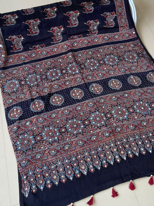 Premium Navy Ajrakh Handblock Printed Modhal Silk Saree