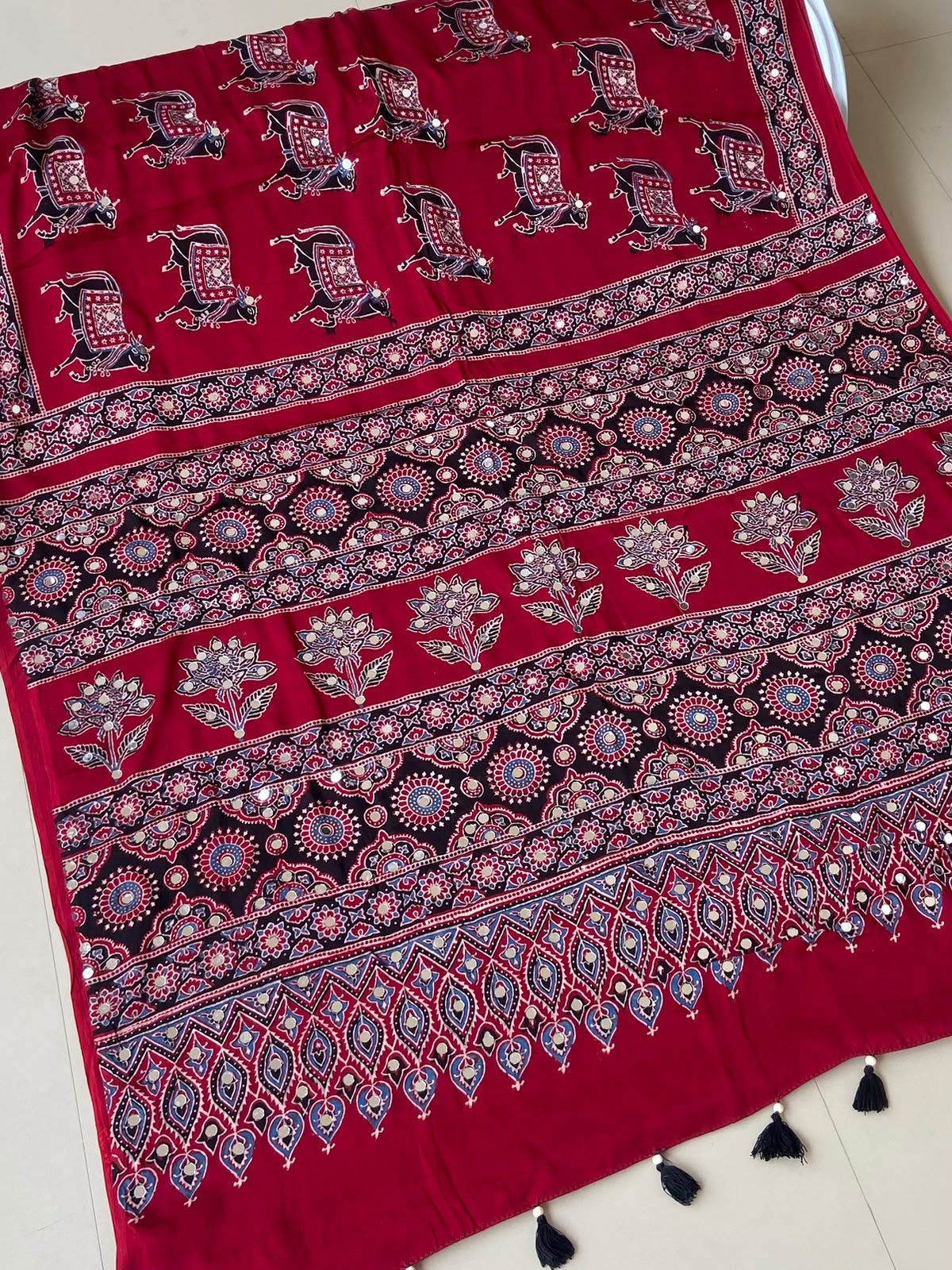 Premium Red Ajrakh Handblock Printed Modhal Silk Saree