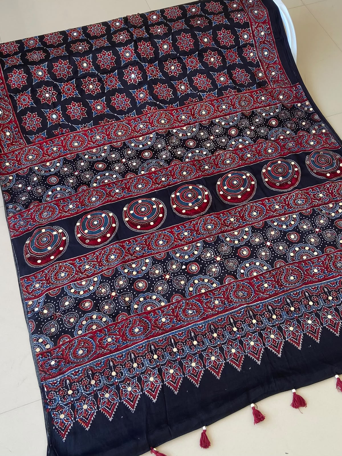 Premium Black Ajrakh Handblock Printed Modhal Silk Saree