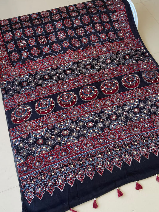 Premium Black Ajrakh Handblock Printed Modhal Silk Saree