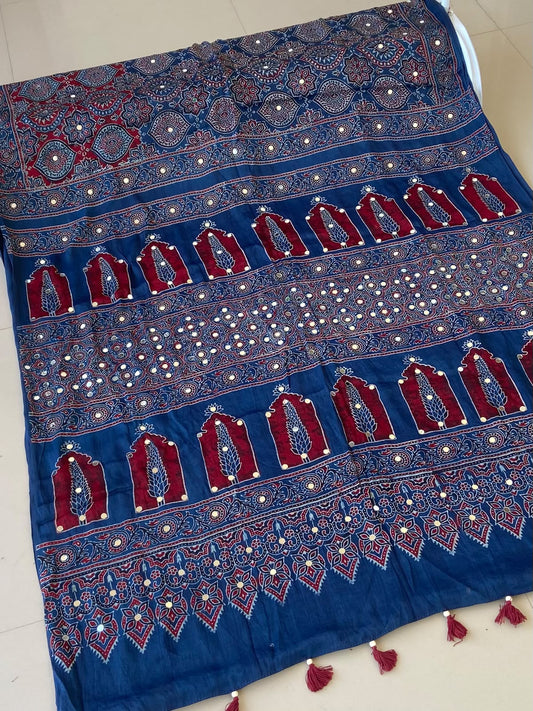 Premium Blue Ajrakh Handblock Printed Modhal Silk Saree