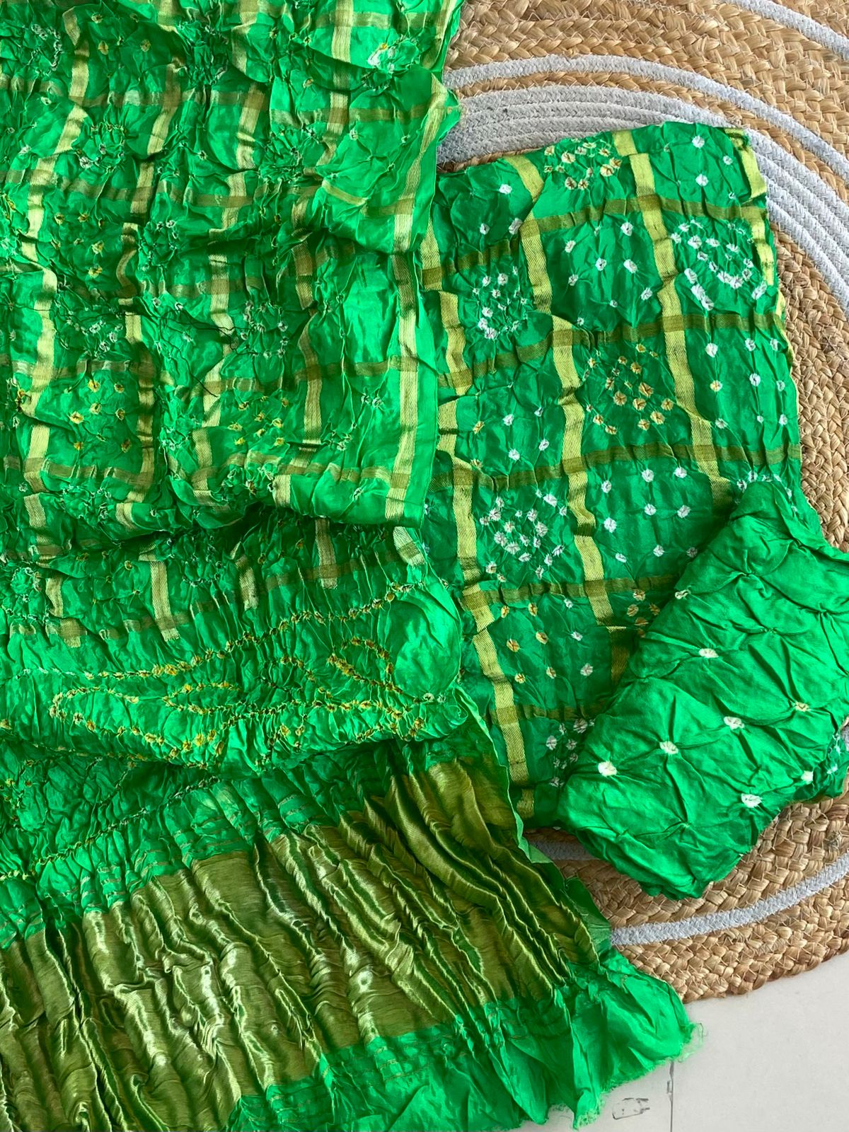 Green Hand Bandhani Art Silk Ghatcola suit
