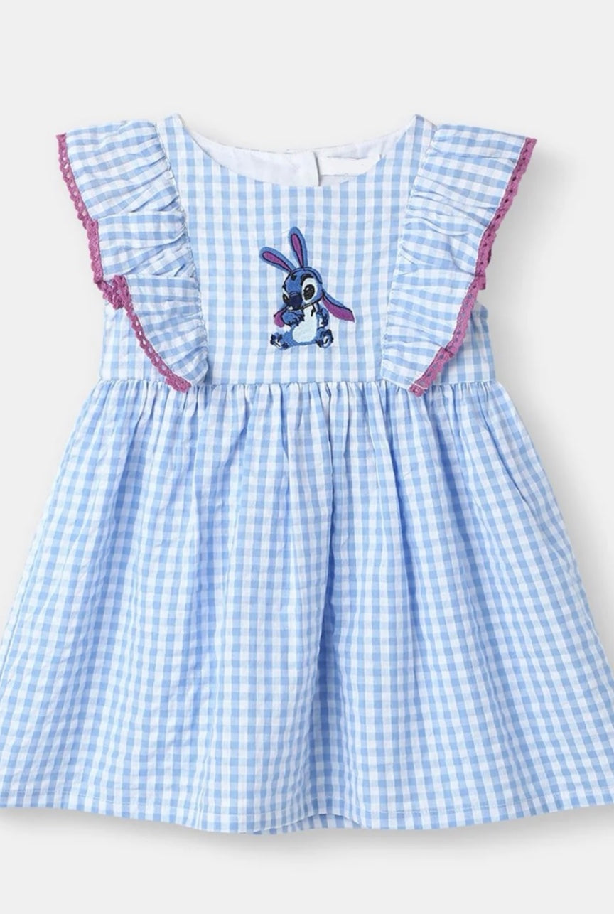 Sky Blue Gingham Embroidery Cotton Dress for Girls