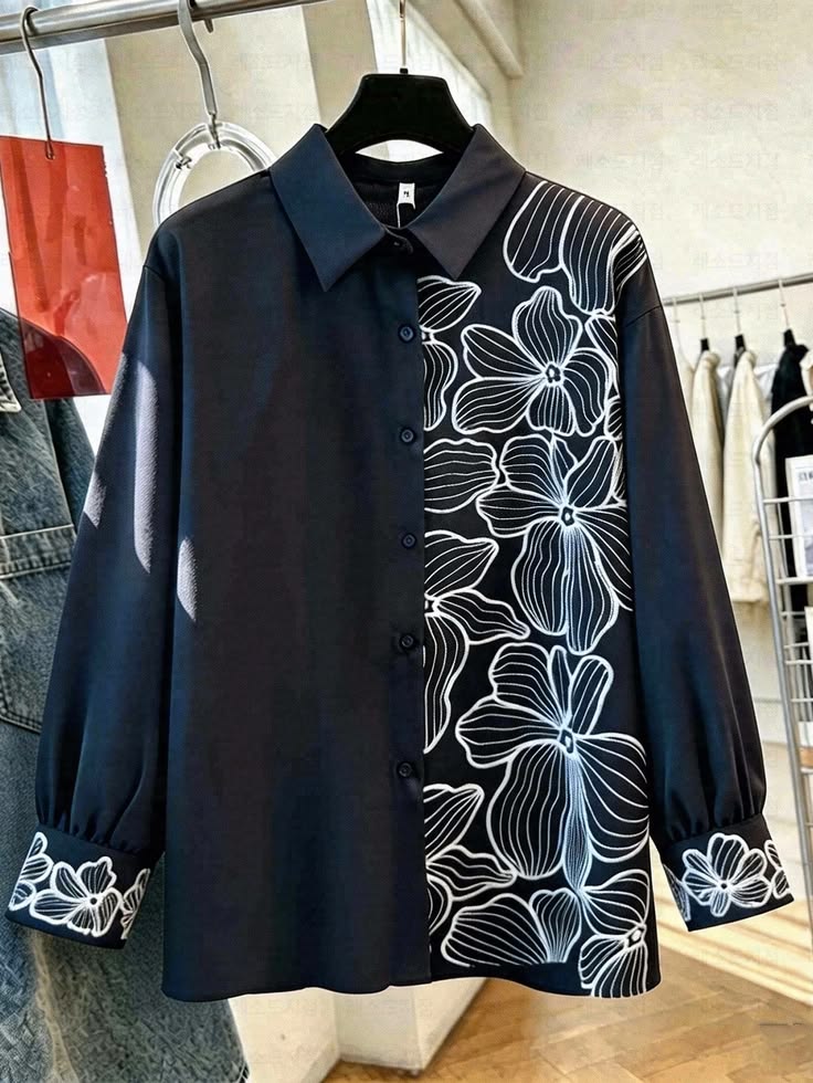 Split-Design Line Art Floral Button-Down Shirt