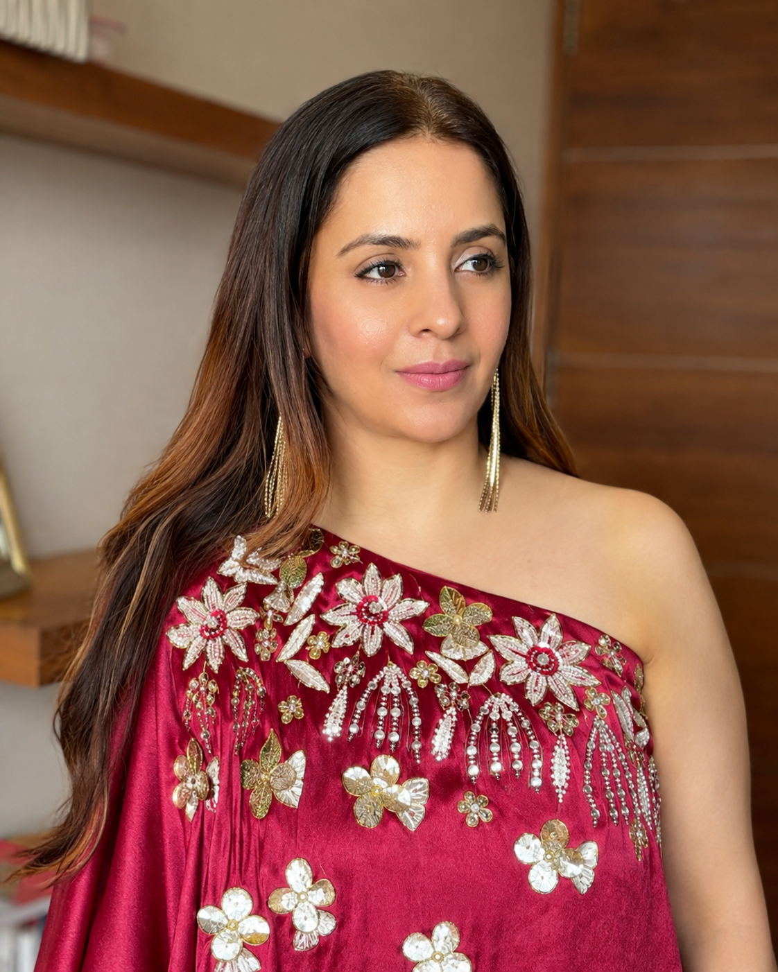 Magenta Floral Embroidered One-Shoulder Draped Dress