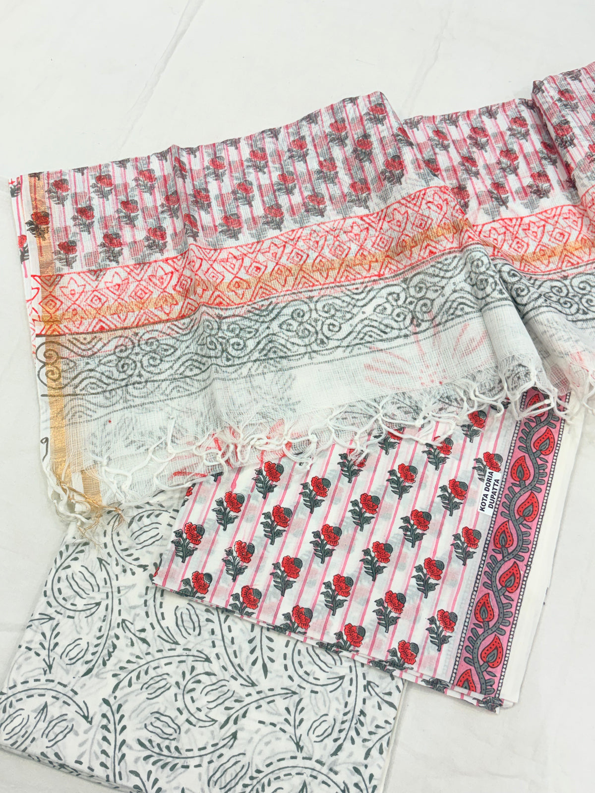 White Red Block Print Semi-Stitched Suit with Dupatta