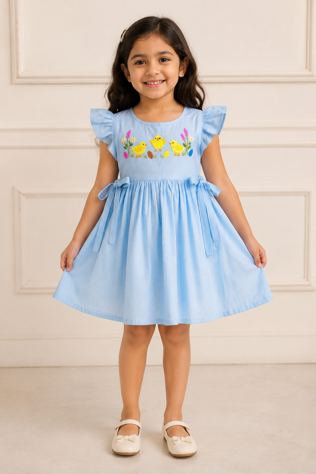 Sky Blue Embroidered Cotton Dress for Girls