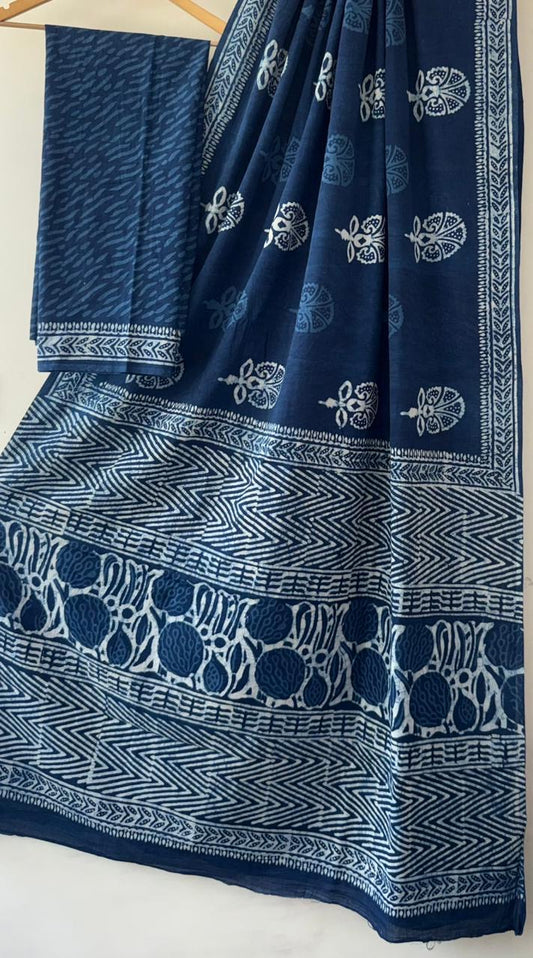Indigo Hand Block Printed Cotton Saree