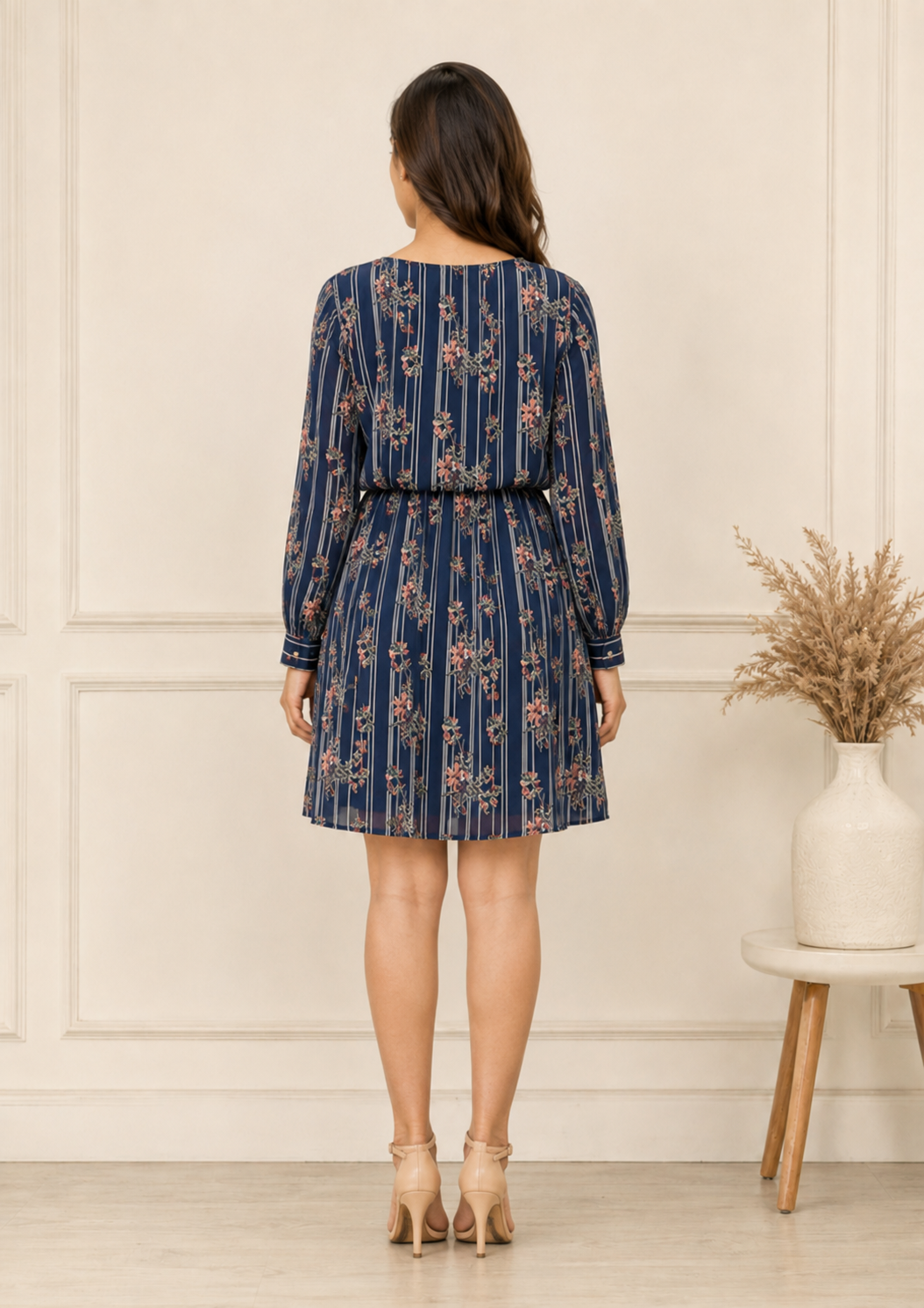 Navy Blue Striped Floral Print A-Line Dress