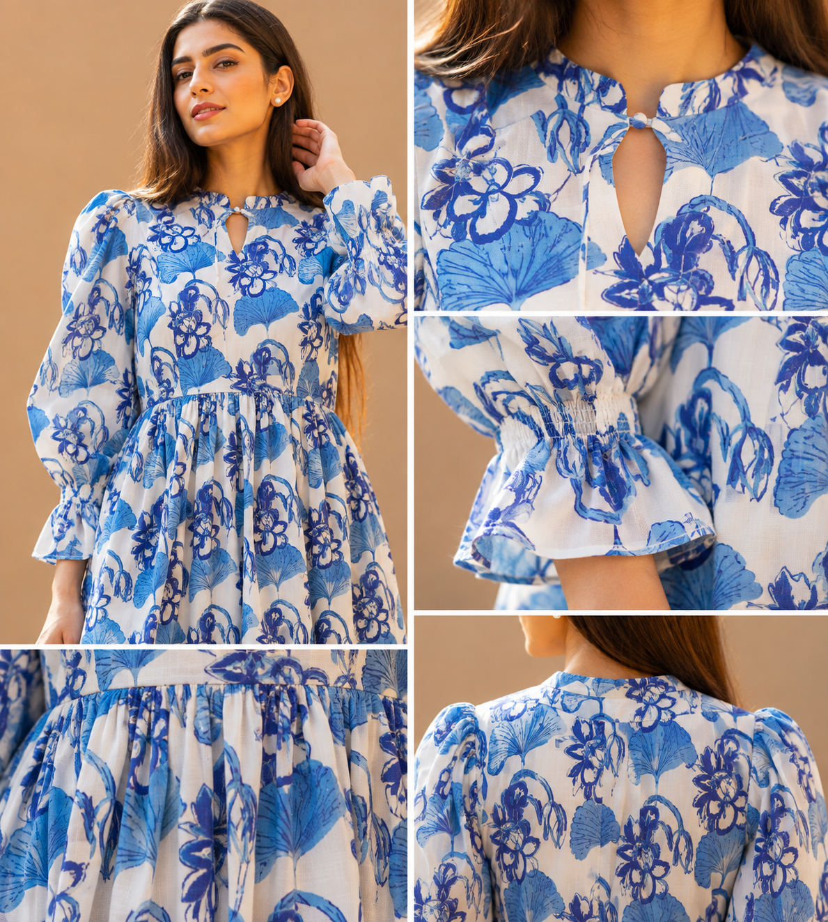 White Blue Floral Print A-Line Midi Dress for Women