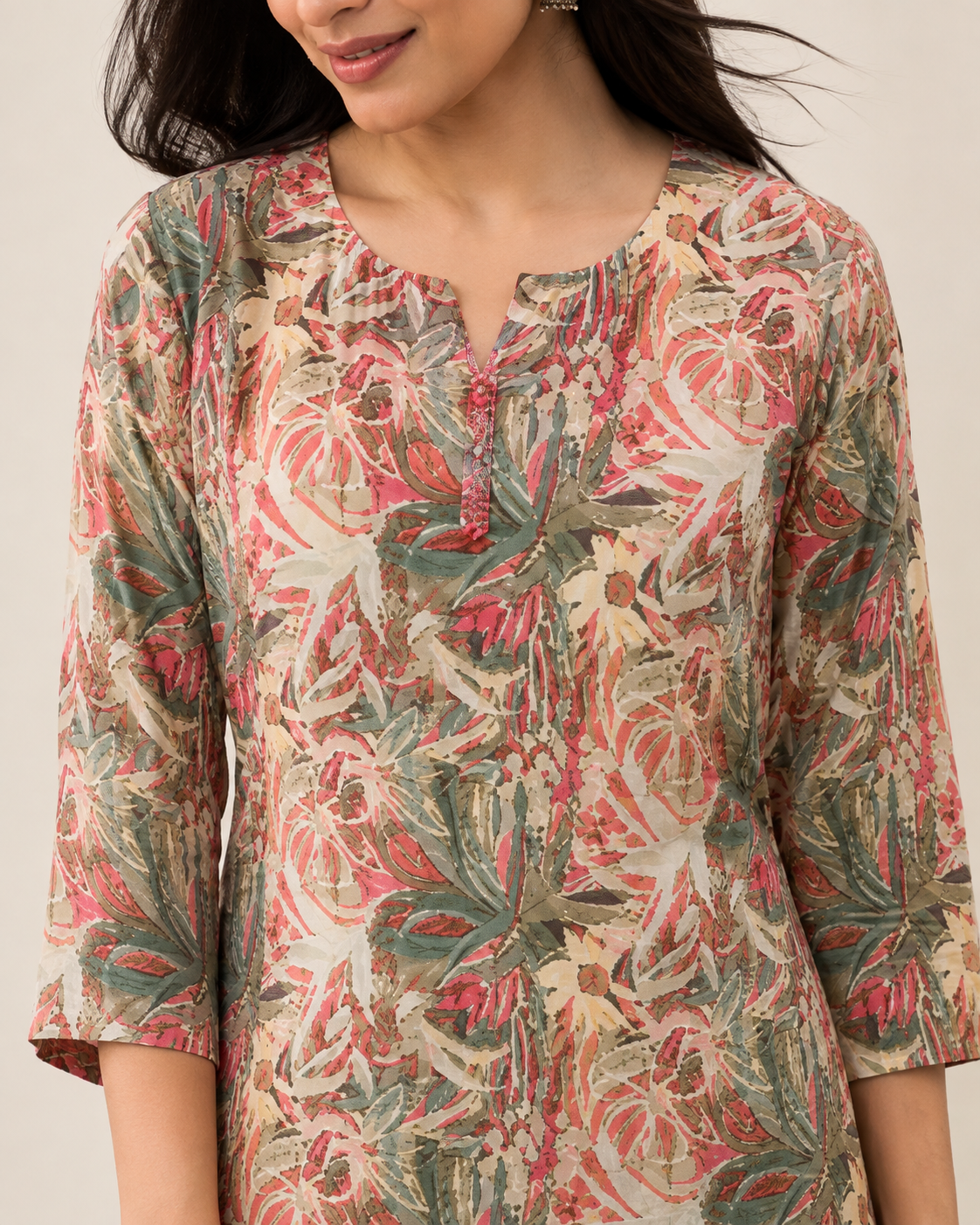 Beige Multicolour Botanical Printed Kurti