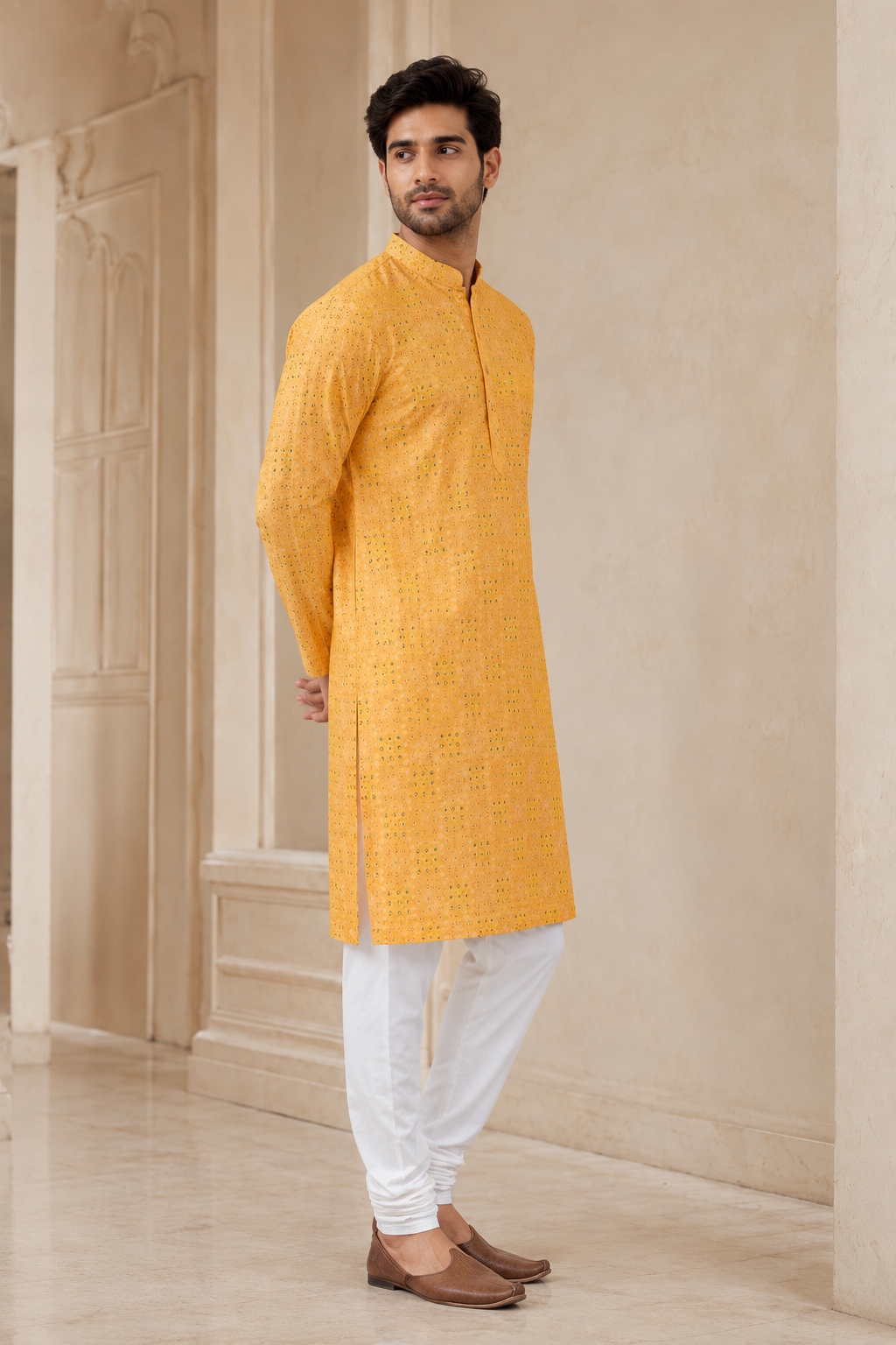 Mustard Yellow Printed Cotton Kurta for Men