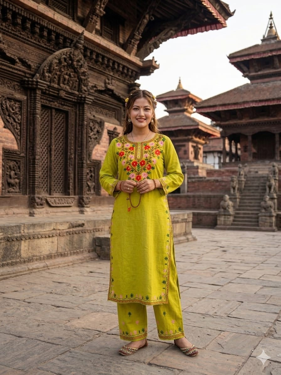 Lime Green Floral Embroidered Kurta & Trousers Set