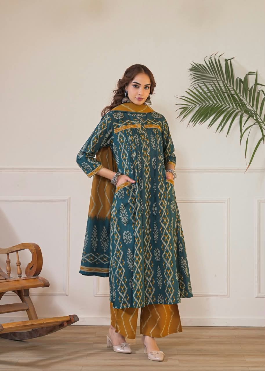 Teal Green Ikkat Printed Kurta Set with Pockets & Mustard Dupatta