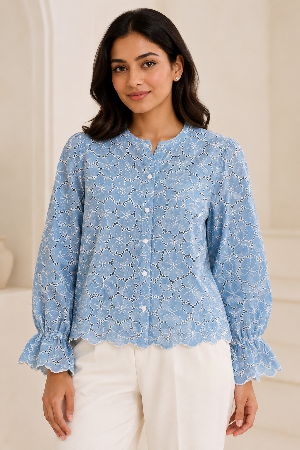 Powder Blue Floral Eyelet Cotton Shirt Top