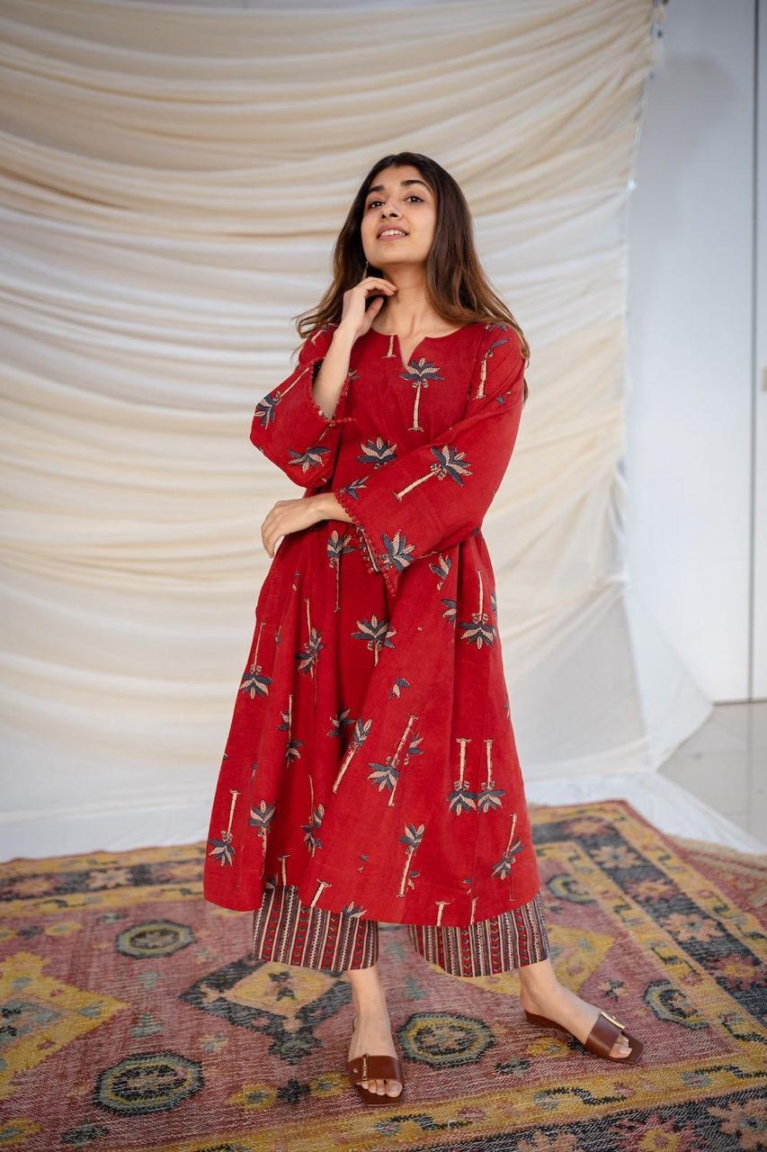Crimson Red Palm Tree Printed Flared Kurta & Trousers Set