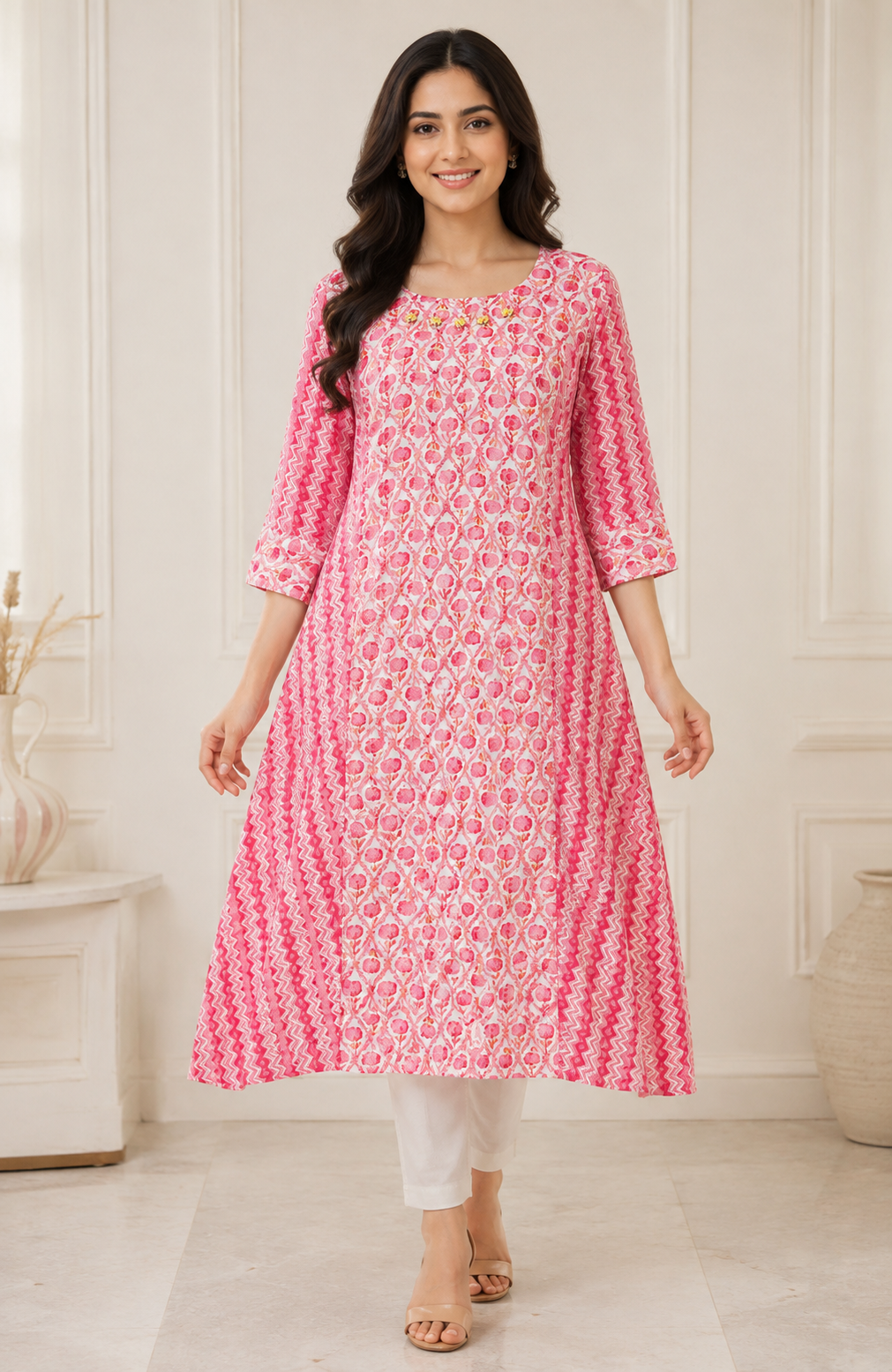 Pink Floral Printed A-Line Ethnic Dress with Hand Detailing for Women