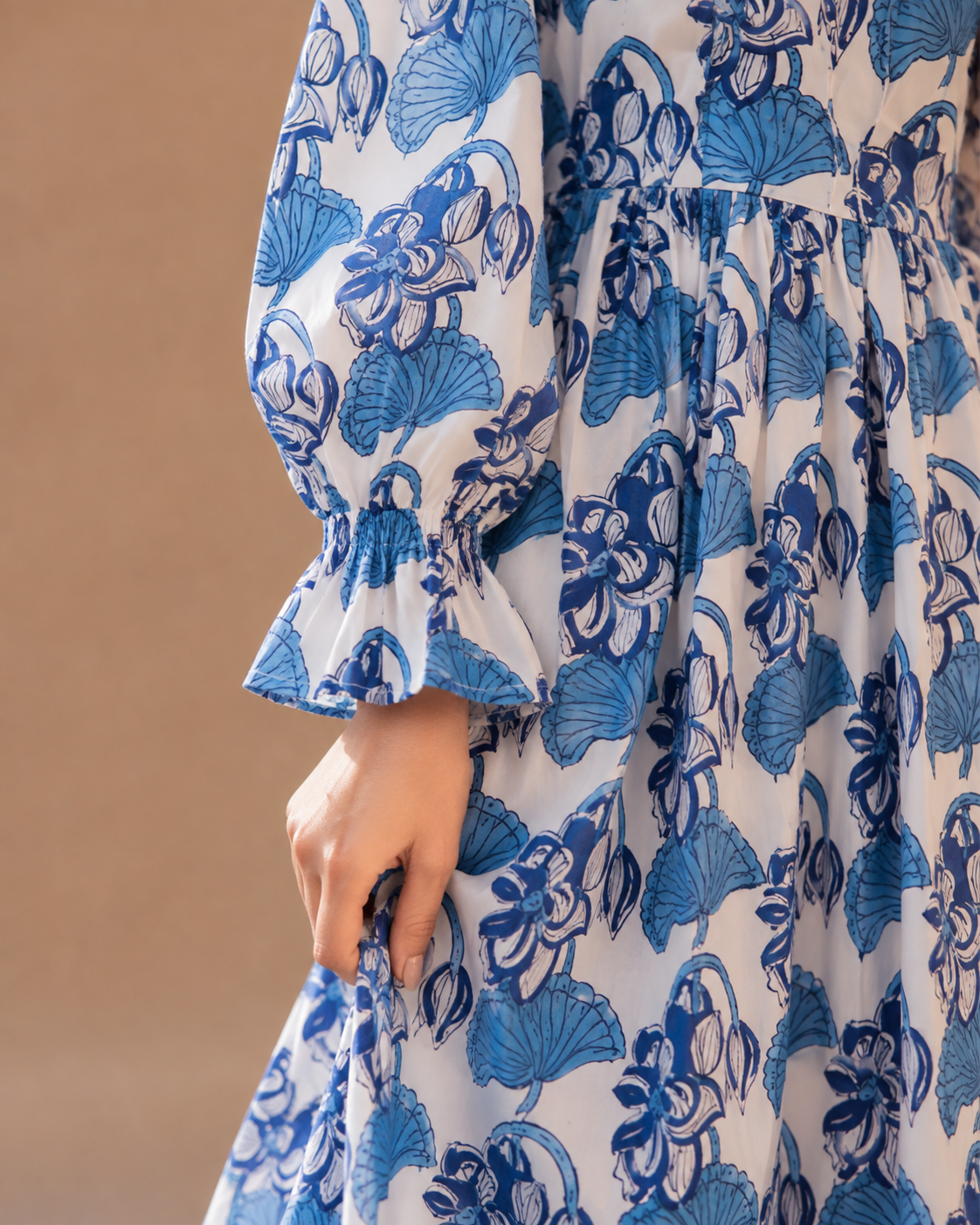 White Blue Floral Print A-Line Midi Dress for Women