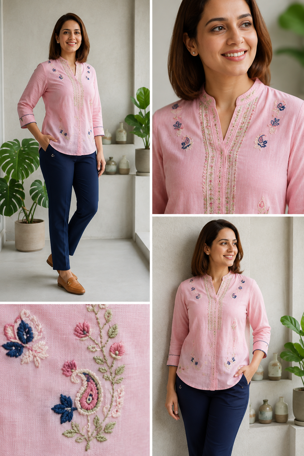 Pink Embroidered Cotton Tunic for Women
