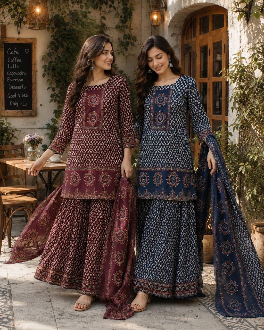 Block Printed Short Kurti with Flared Sharara & Dupatta Set