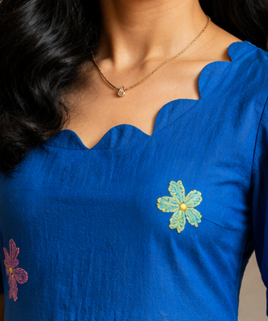 Royal Blue Floral Embroidery Cotton A-Line Midi Dress