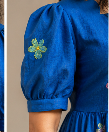 Royal Blue Floral Embroidery Cotton A-Line Midi Dress