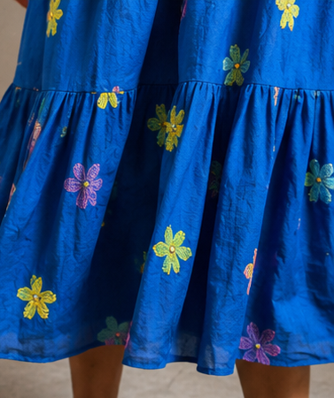Royal Blue Floral Embroidery Cotton A-Line Midi Dress
