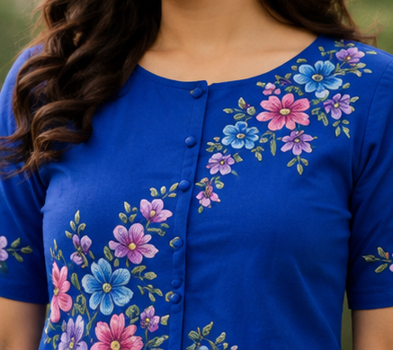 Royal Blue Floral Hand-Painted Linen Co-ord Set