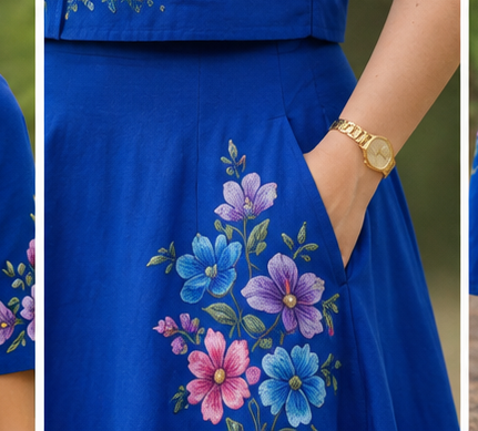 Royal Blue Floral Hand-Painted Linen Co-ord Set