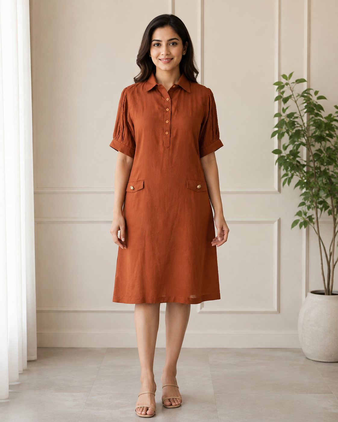 Rust Brown Collared Pocket Midi Dress for Women