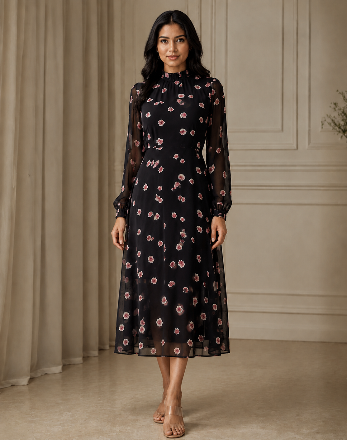 Black Pink Floral Print High-Low Dress for Women