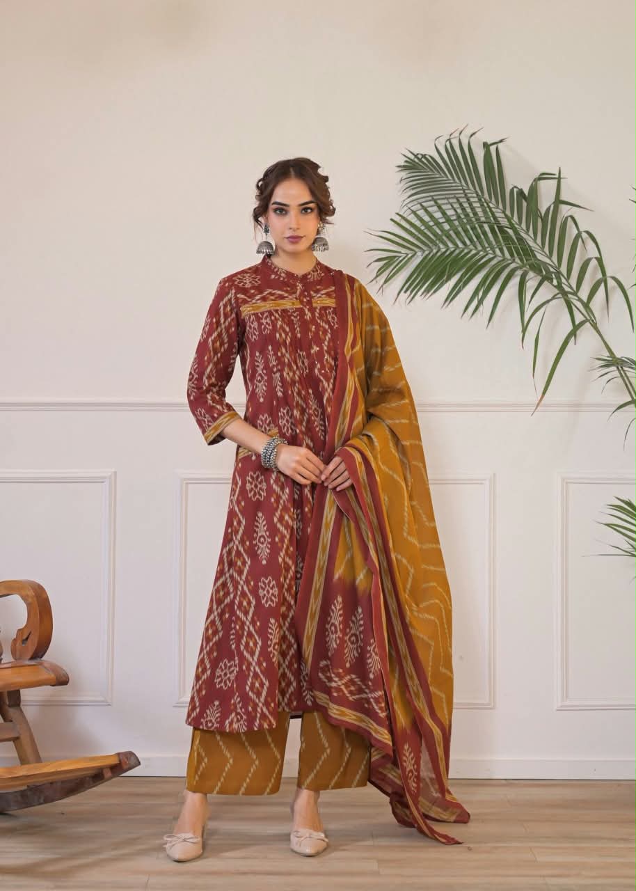 Maroon Ikkat Printed Anarkali Kurta Set with Pocket Details & Dupatta