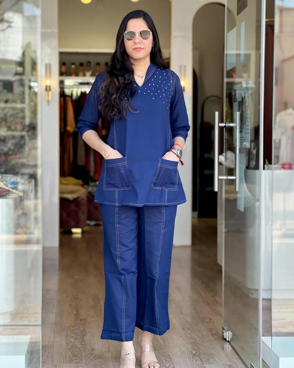 Navy Blue Contrast Stitch Co-ord Set with Pearl Detailing