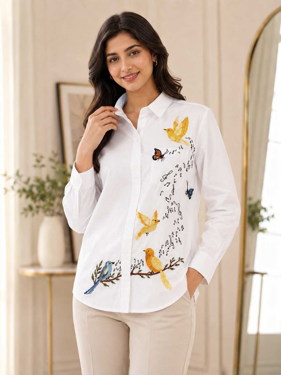 White Bird Hand-Painted Collared Tunic for Women