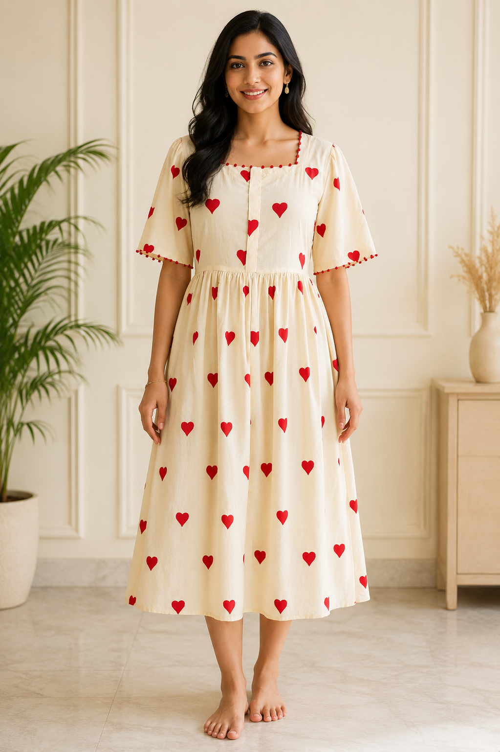 Ivory Red Heart Print Hand Embellishment Midi Dress for Women