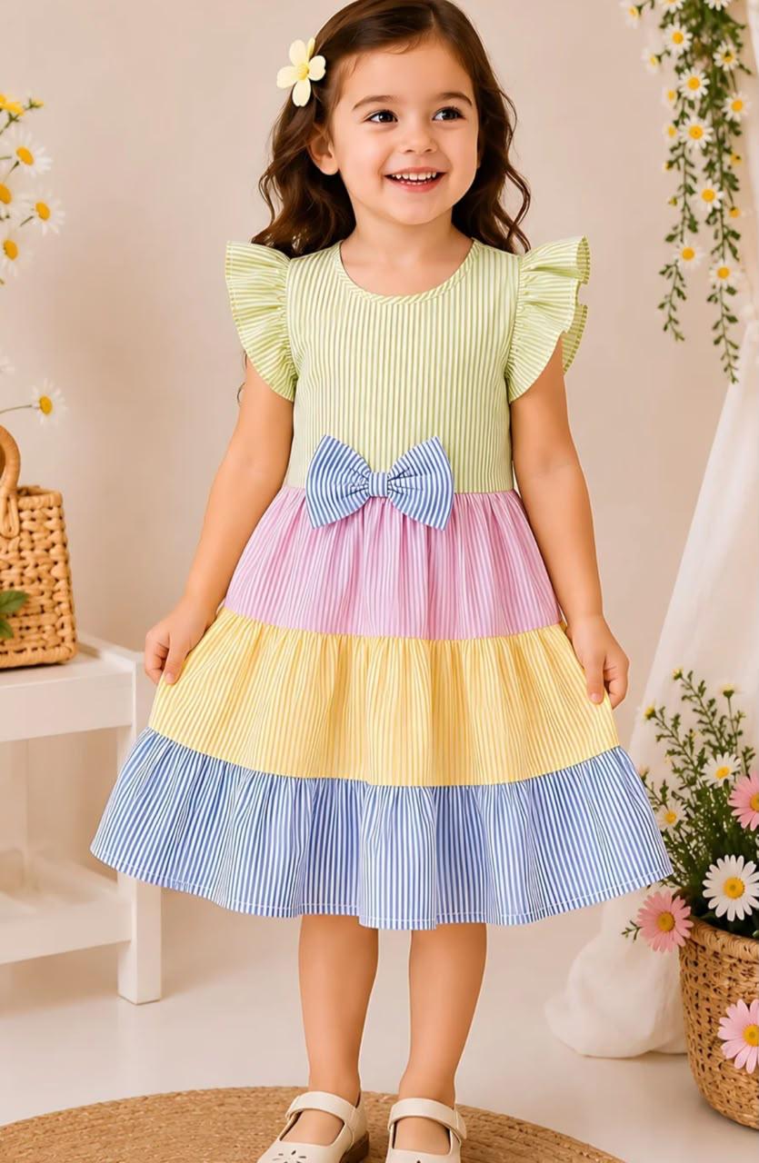 Multicolour Striped Bow Cotton Dress for Girls