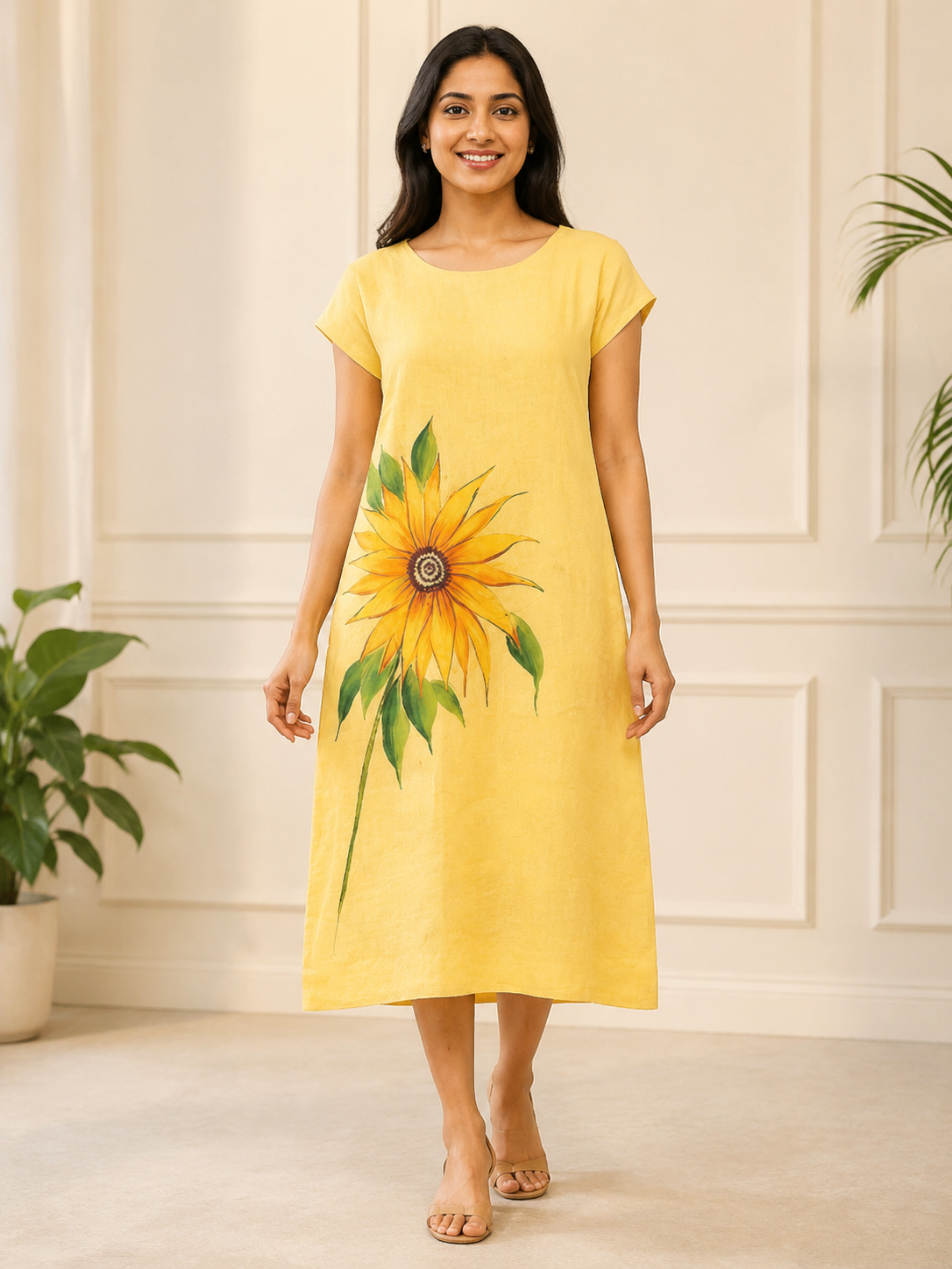 Yellow Hand-Painted Sunflower A-Line Dress for Women