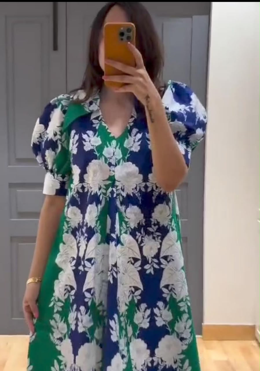 Vibrant Floral Printed Midi Dress with Pockets