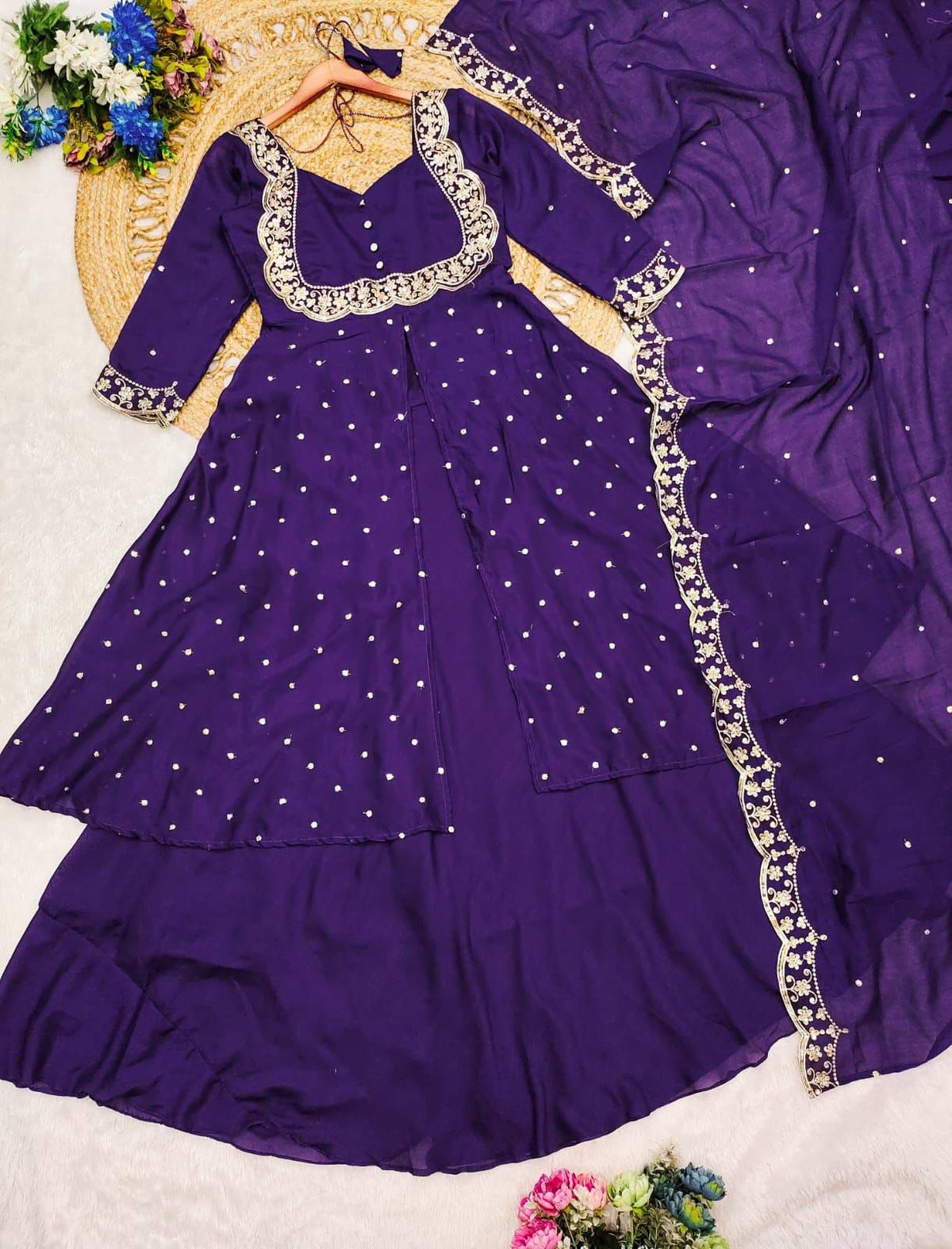 Glimmering Silk Cape Top in Radiant Colours Paired with a Skirt and Dupatta a Stand Out Ensemble