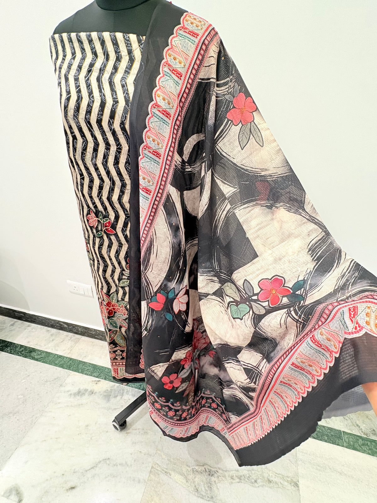Black Floral Chevron Semi-Stitched Suit with Dupatta