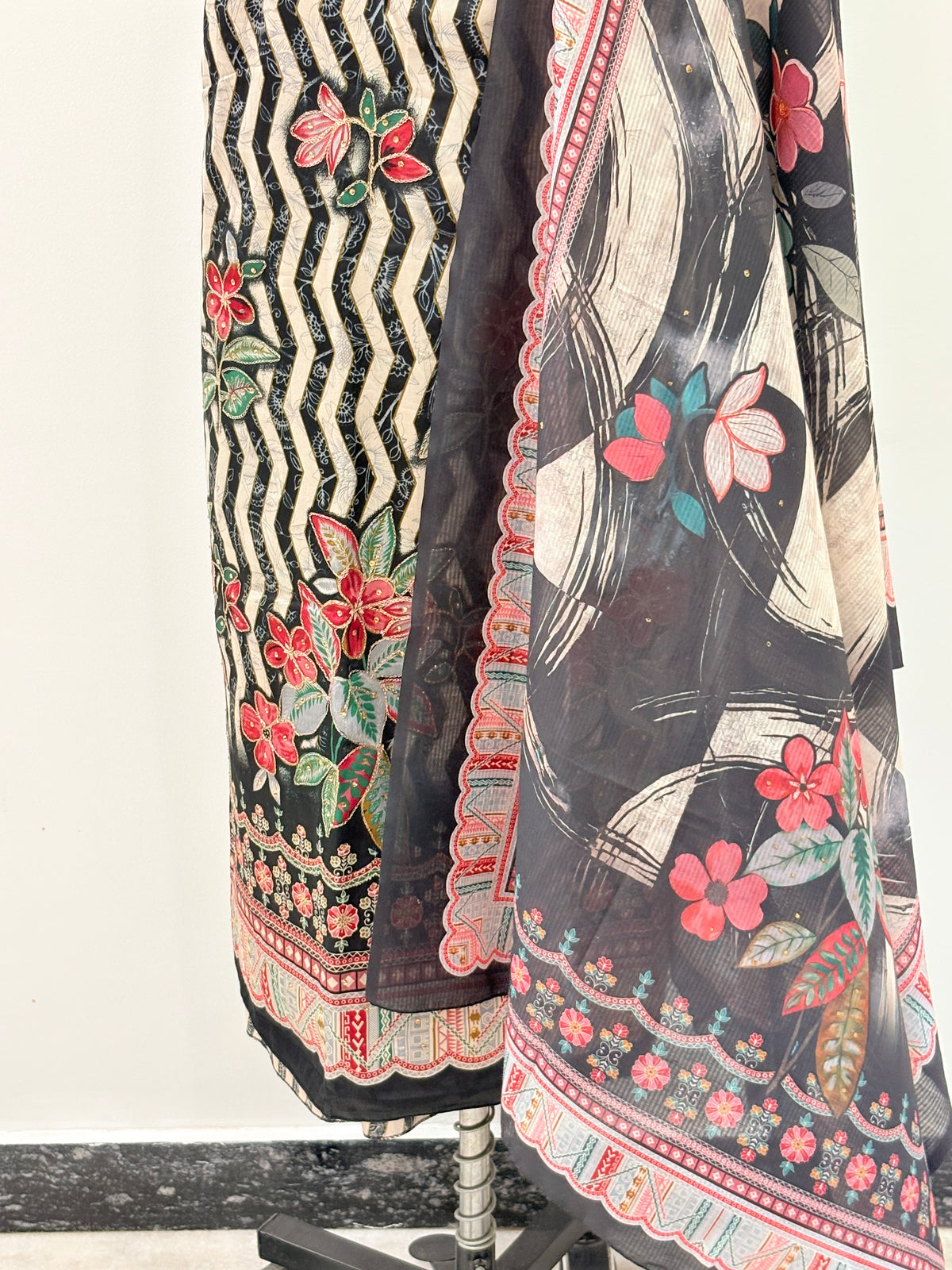 Black Floral Chevron Semi-Stitched Suit with Dupatta